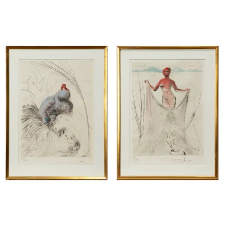 Pointe-Sèche Dali - Salvador Dalí (1904–1989) - “Femme a la Chaussure” and “La Femme tentant un voile” from the suite “Venus aux fourrures” - Hand watercolored drypoint etching on Japanese paper - 1969