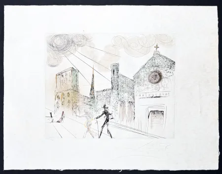 Gravure Dali - Salvador Dalí (1904–1989) - Notre-Dame de Paris - Drypoint, etching with aquatint, hand-coloured on Japanese paper - 1969