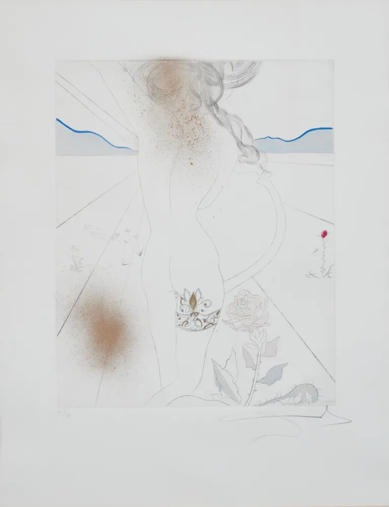 Gravure Dali - Salvador Dalí (1904–1989) – Nude with garter – Lithograph on paper, hand-coloured drypoint etching – 1969
