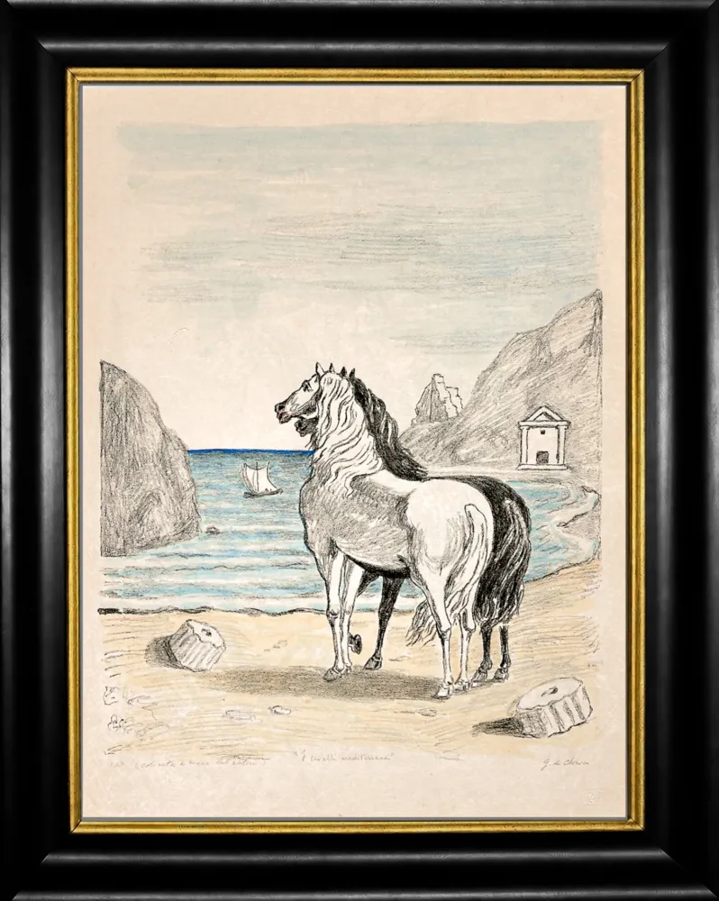 Lithographie De Chirico - Cavalli in riva al Tirreno (I cavalli mediterranei)