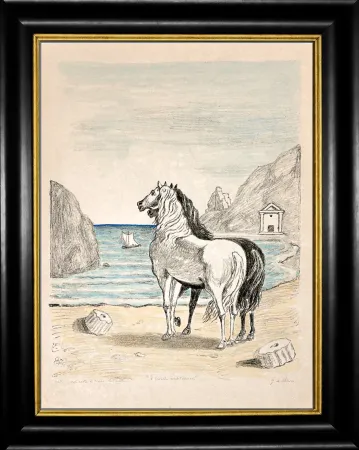 Lithographie De Chirico - Cavalli in riva al Tirreno (I cavalli mediterranei)