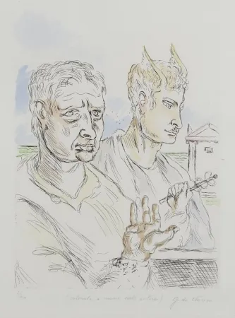 Sérigraphie De Chirico - Giorgio De Chirico (1888–1978) - Autoritratto con mercurio - Hand-colored engraving by the artist - 1969