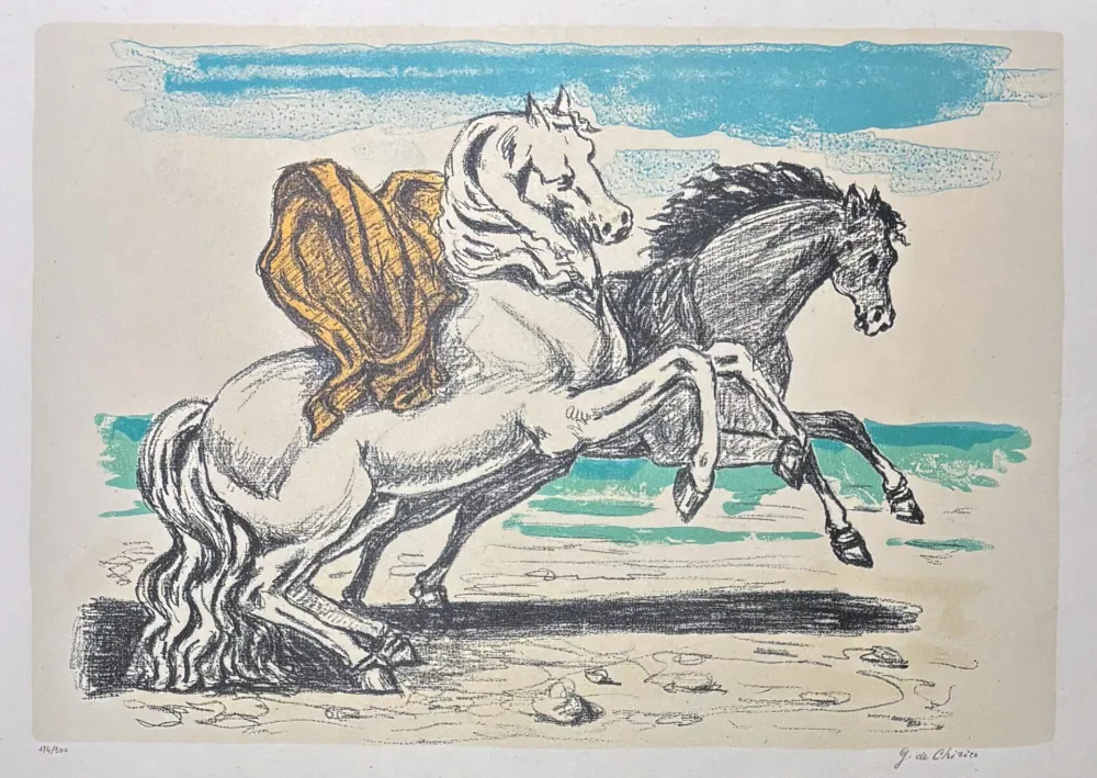 Lithographie De Chirico - Giorgio De Chirico (1888–1978) – Cavalli sulla spiaggia – 8-colour lithography – 1970