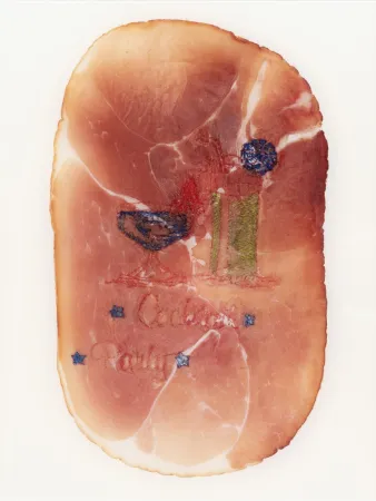 Photographie Delvoye - Untitled (Photograph of Embroidered Ham)