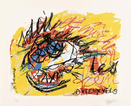 Sérigraphie Dotremont - Soleil,/ crache tes rayons/ et mâche ton frein/ o vieux vélo