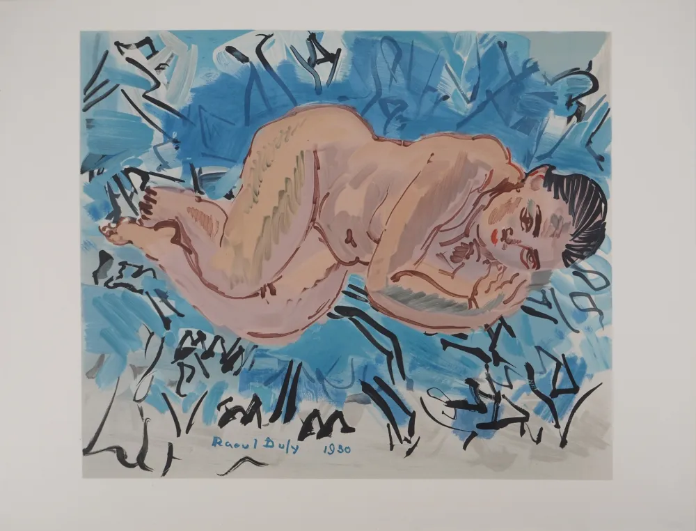 Lithographie Dufy - Nu sur un fond bleu