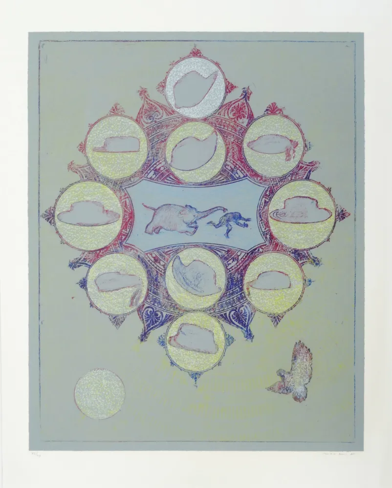 Lithographie Ernst - Singe poursuivit par un éléphant