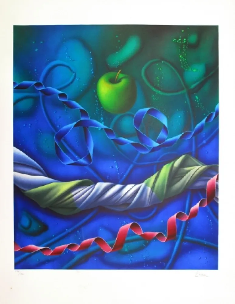 Lithographie Etien' - Pomme dans l'espace / Apple in Space