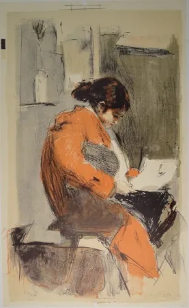 Lithographie Falk - Lesende in rotem Kimono