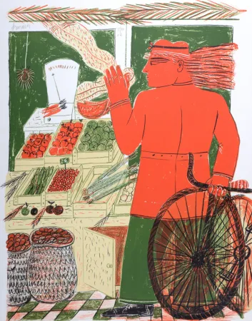 Lithographie Fassianos - Chez l'épicier, circa 1995