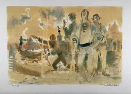 Lithographie Fontanarosa - Gondoliers à Venise