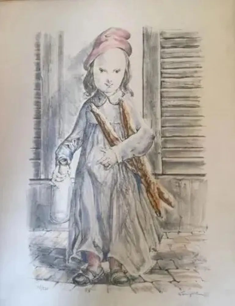 Lithographie Foujita -  ''Fillette aux baguettes de pains'' ou ''Le matin'' circa 1956