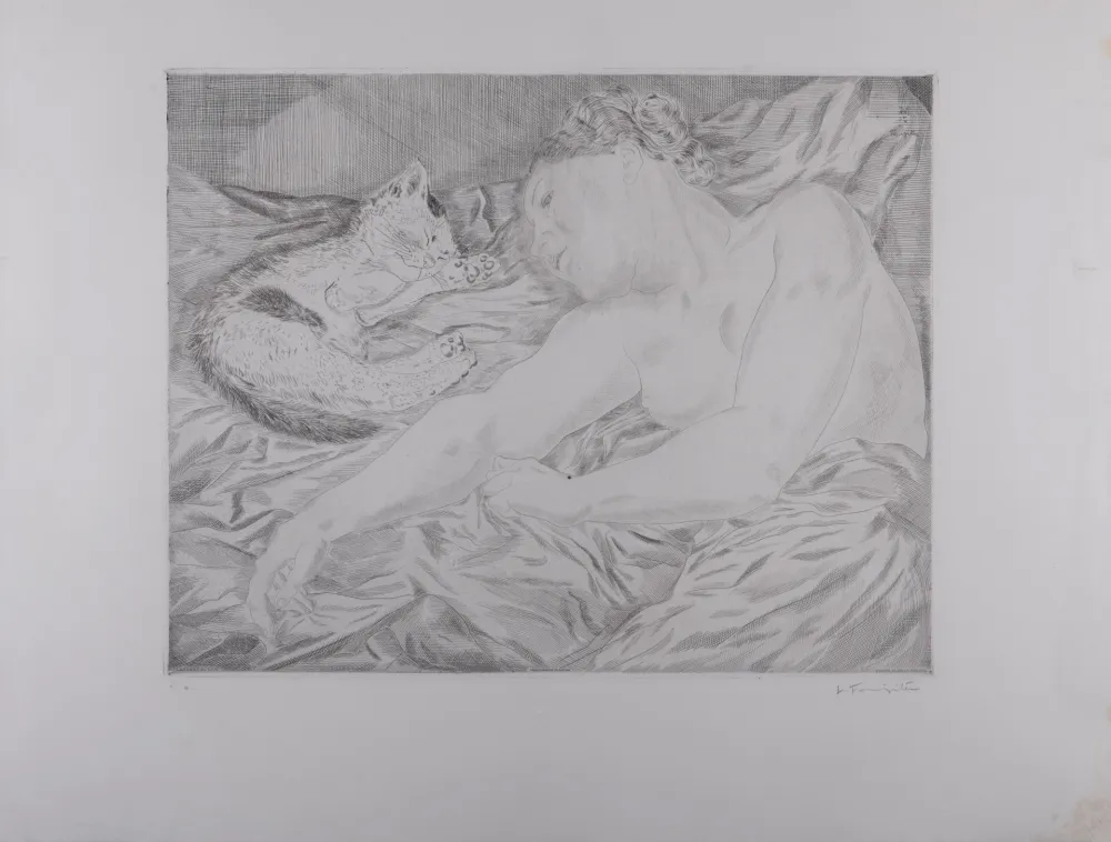Gravure Foujita - La Femme au chat, 1927 - Hand-signed
