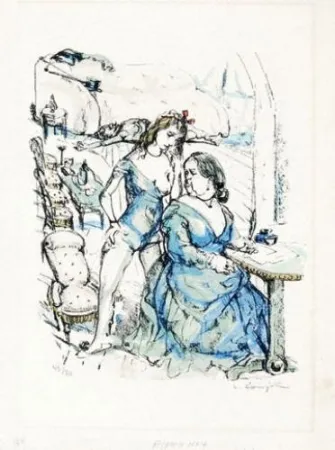 Lithographie Foujita - Le mesangre (deux femmes)