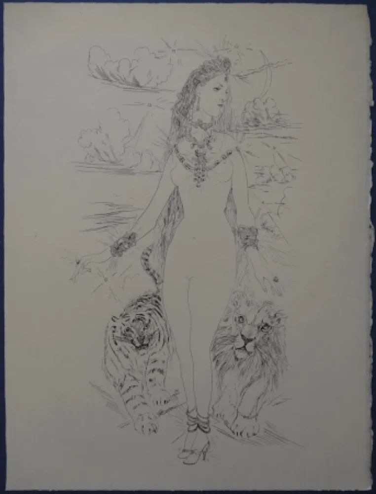 Eau-Forte Foujita - Rivière enchantée - Femme aux félins