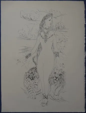 Eau-Forte Foujita - Rivière enchantée - Femme aux félins