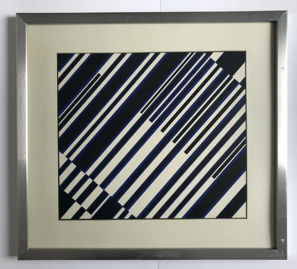 Sérigraphie Fruhtrunk - Sans titre (Progression à rayures en noir, blanc, bleu)