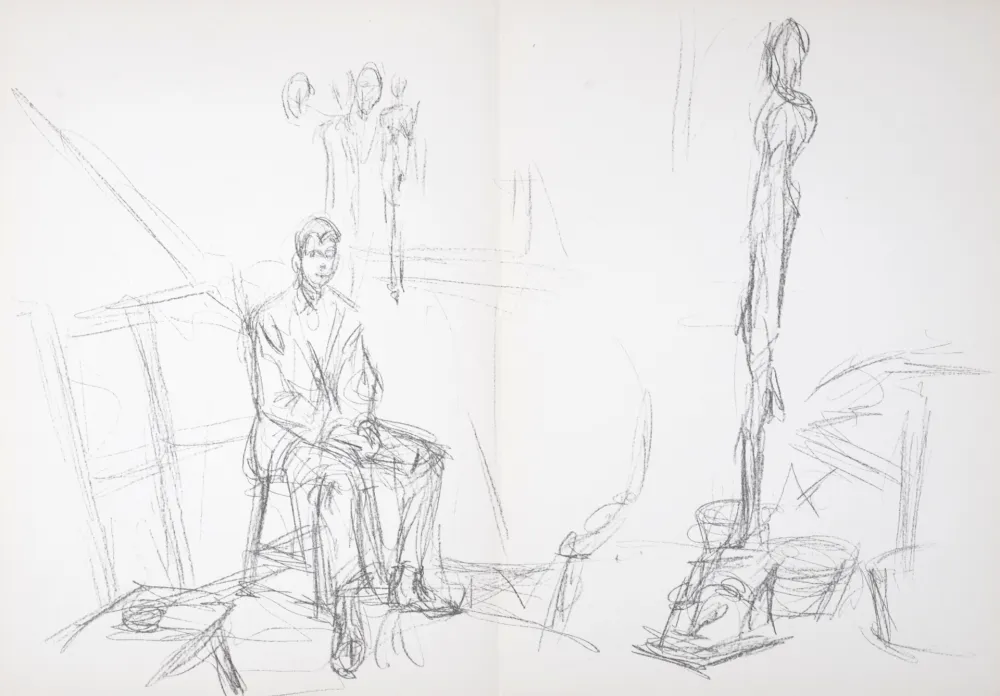 Lithographie Giacometti - Homme assis et sculptures, 1961