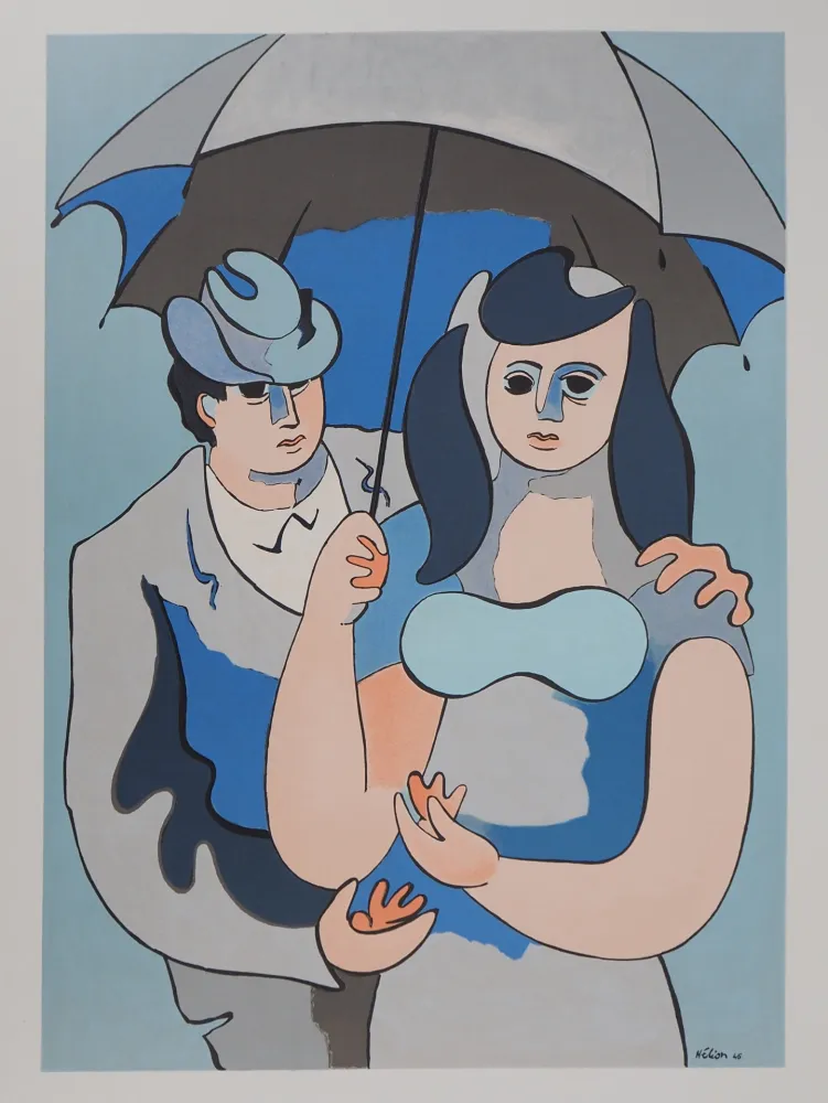 Lithographie Helion - Couple sous un parapluie