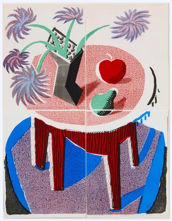 Aucune Technique Hockney -  Flowers, Apple and Pear on a Table