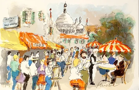 Lithographie Huchet - Montmartre: Place du Tertre et Sacré-Cœur,