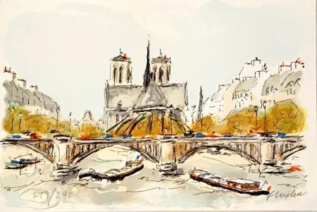 Lithographie Huchet - Seine et Notre-Dame de Paris