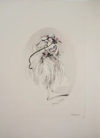 Gravure Icart - Jeune femme au chapeau paré de roses