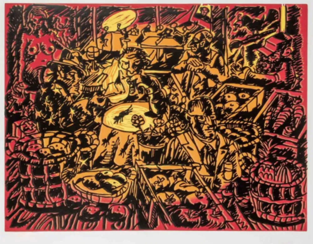 Linogravure Immendorff - Cafe de Flore I