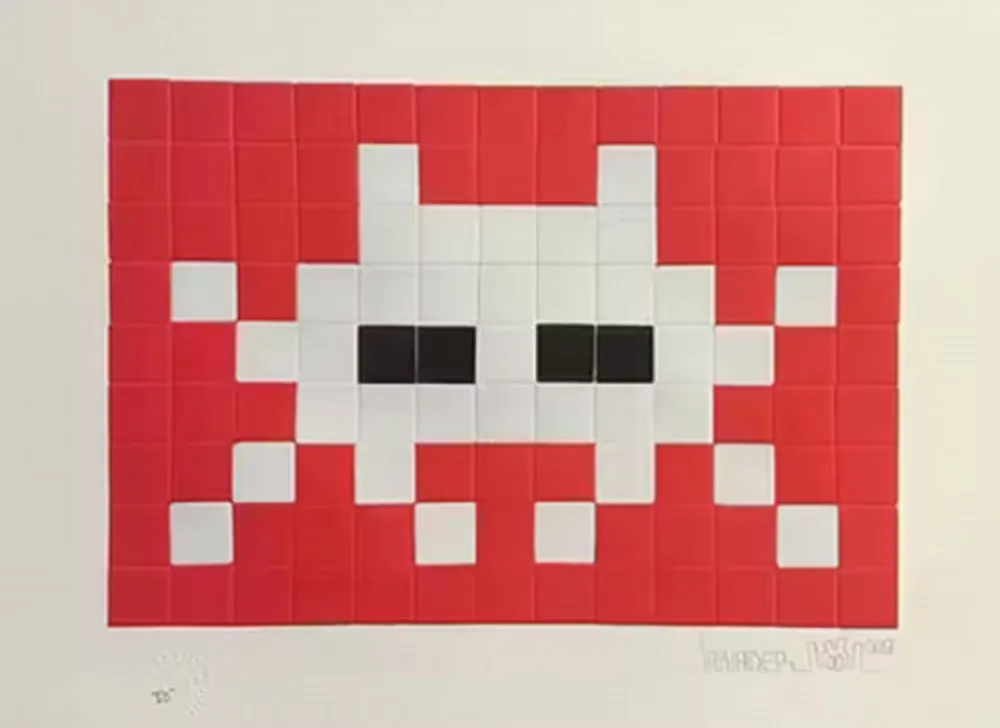 Sérigraphie Invader - Invasion White (with Red and Black)