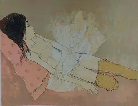 Lithographie Jansem - Ophelie au coussin rose (1993)