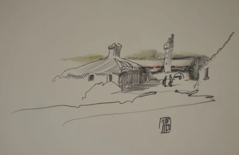 Aucune Technique Janssen - (Nordische Landschaft mit Gebäuden, Turm und zwei Personen)