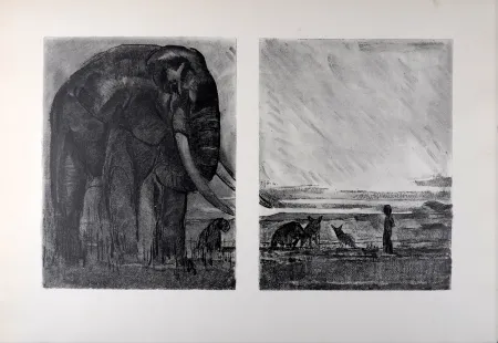 Lithographie Jouve - L'éléphant, La Comédie animale