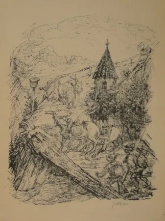 Lithographie Kubin - Transport im Gebirge