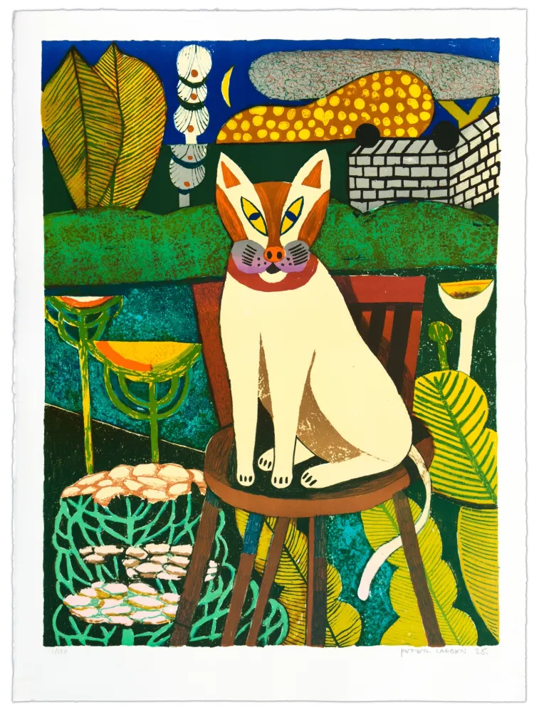 Lithographie Larsen - La Chat dans le Jardin