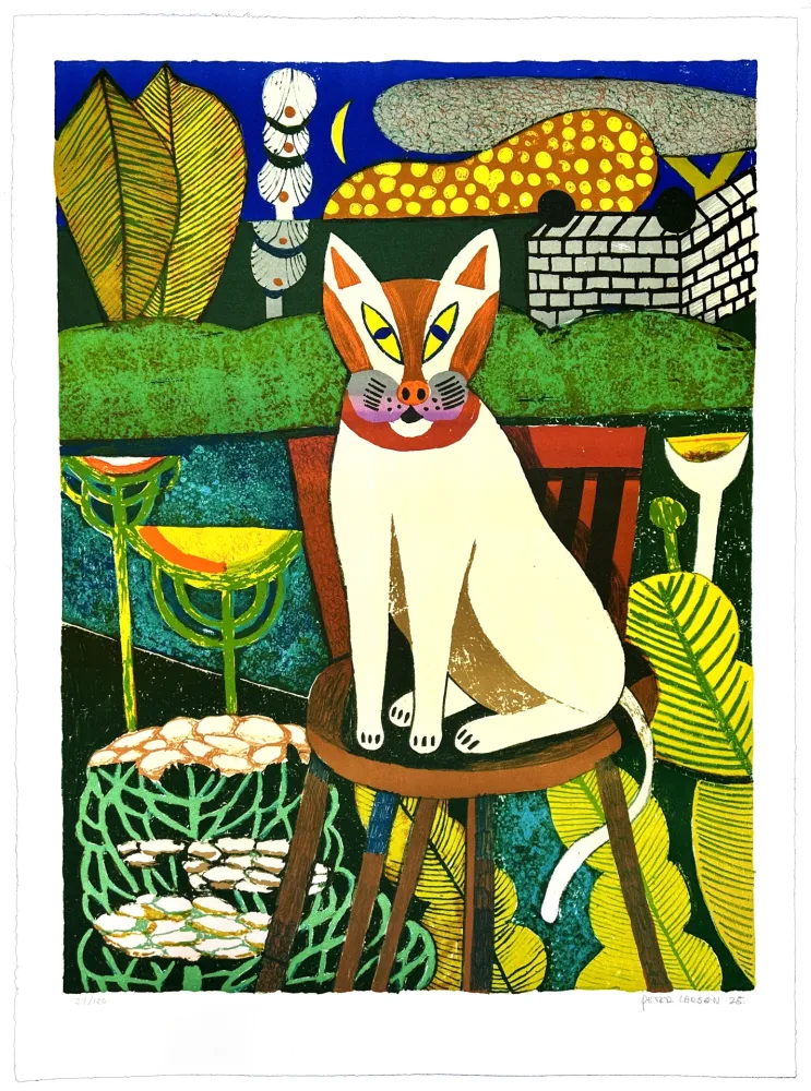 Lithographie Larsen - Le chat dans le jardin
