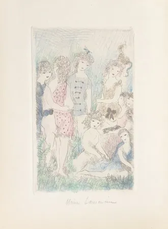 Gravure Laurencin - Huit filles dans un pré