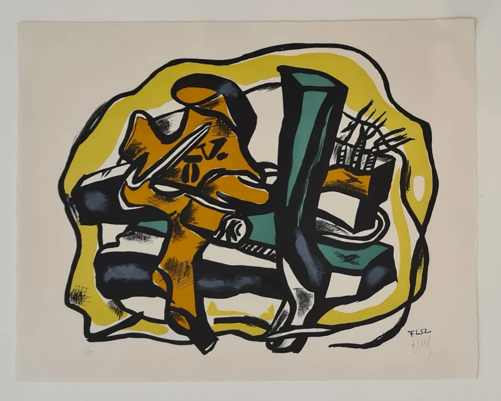 Lithographie Leger - Composition sur fond jaune 