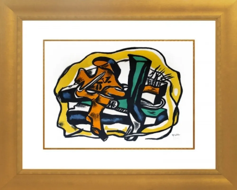 Lithographie Leger - Composition sur fond Jaune