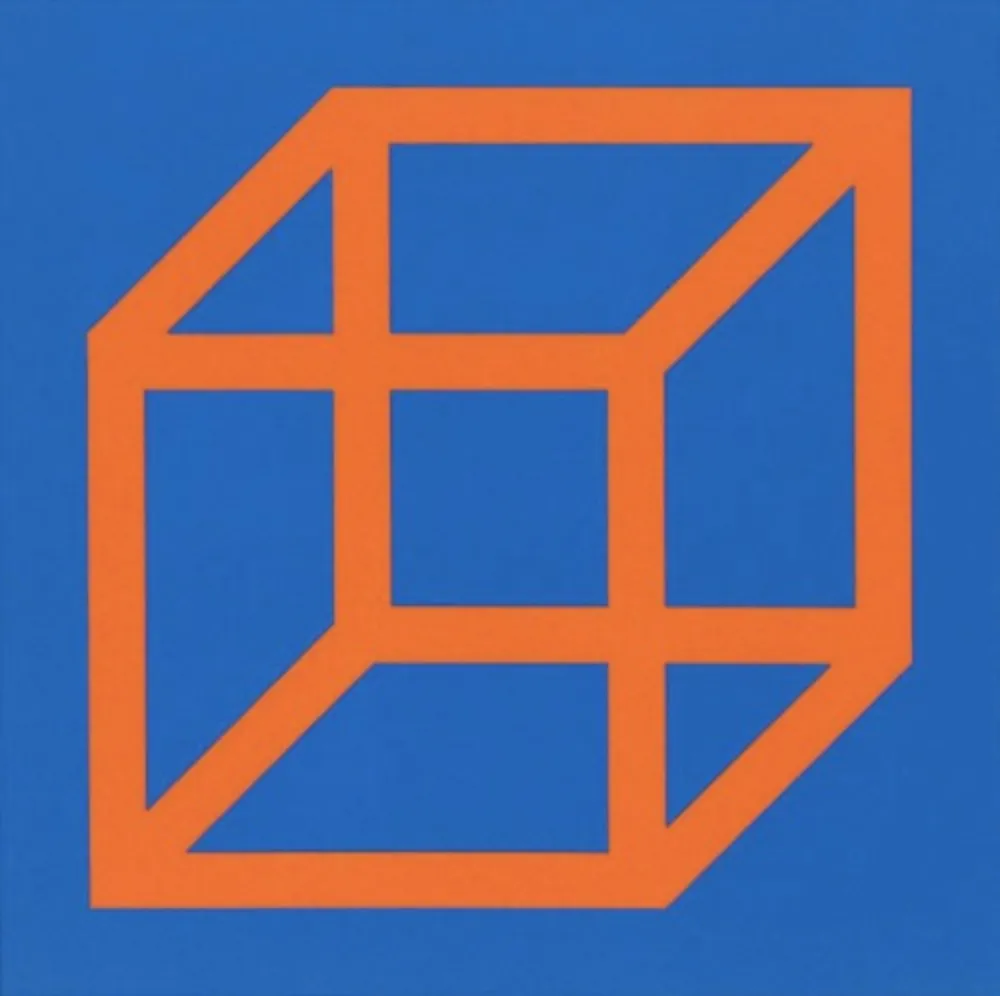 Linogravure Lewitt - Cubes in Color on Color (Blue/Orange)