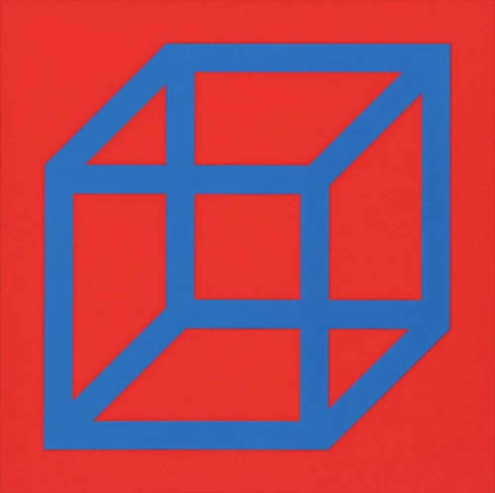 Linogravure Lewitt - Cubes in Color on Color (Red/Blue)
