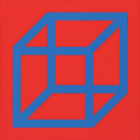 Linogravure Lewitt - Cubes in Color on Color (Red/Blue)