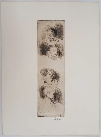 Pointe-Sèche Luce - Maximilien LUCE - La Fratrie (Etude de quatre enfants) Vers 1890 - Gravure originale signée