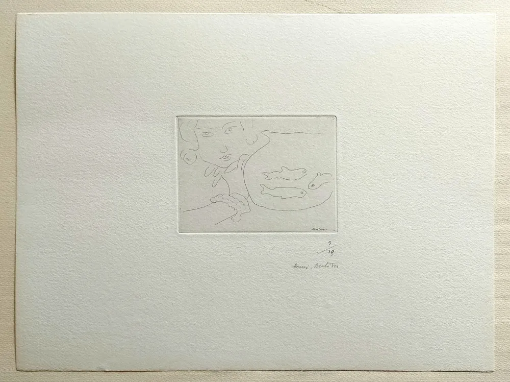 Eau-Forte Matisse - Visage de jeune femme et bocal aux trois poissons