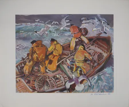 Héliogravure Méheut - Bretagne : La relève des casiers dans la tempête