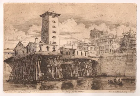 Gravure Meryon - La pompe Notre-Dame