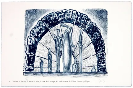 Lithographie Nørgaard - A. Emden, la famille, la mer et la ville, le coin de l'Europe, l'embouchure de l'Ems. Le rêve gothique