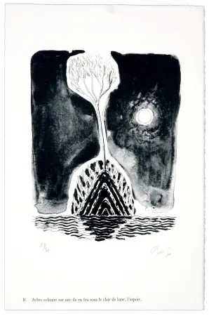 Lithographie Nørgaard - B. Abre solitaire sur une ile sous le clair de lune, l'espoir