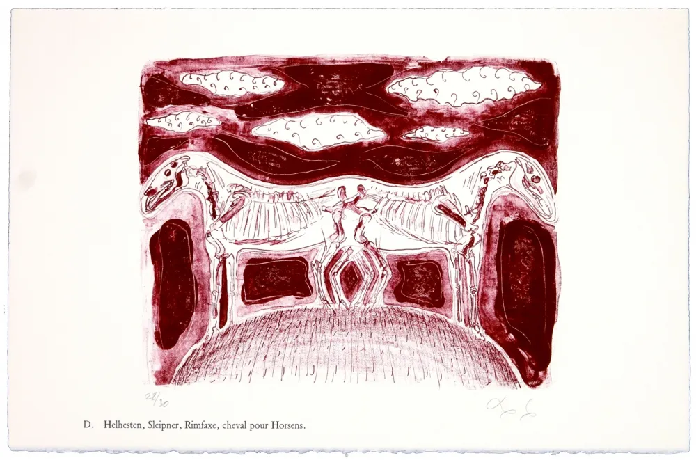 Lithographie Nørgaard - D. Helhesten, Sleipner, Rimfaxe, cheval pour Horsens