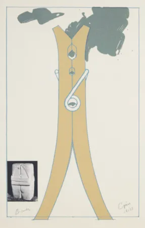 Sérigraphie Oldenburg - Proposal for a Colossal Structure in the Form of a Clothespin-Compared to Brancusi's Kiss