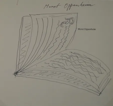 Aucune Technique Oppenheim - Widmungszeichnung eines aufgeschlagenen Buches mit Initial R. auf dem Vortitel eines Buchs mit gedrucktem Namen “Meret Oppenheim“